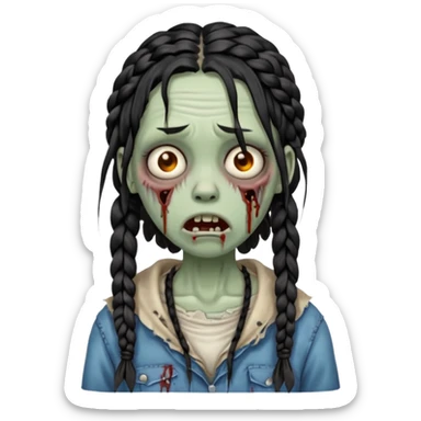 make a zombie with a droopy mouth girl with black knotless braids  sticker