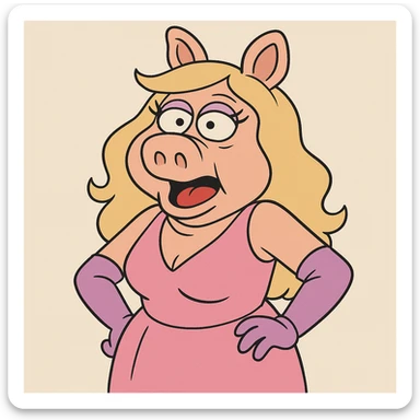 Miss Piggy with cross eyes, cartoon style, pink dress, exaggerated features sticker