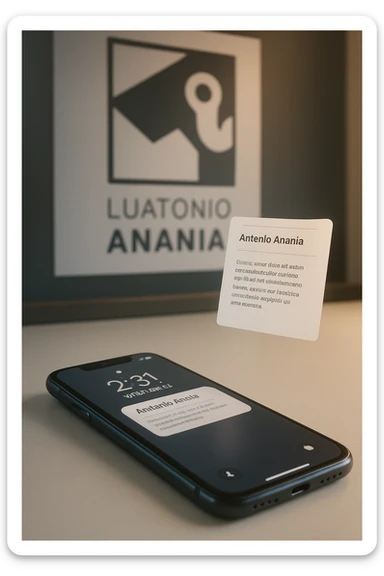 A photo of an iPhone with the message "Antonio Anania" on its screen, hovering over it is another document floating in mid-air, both surrounded by soft light and shadow. The phone sits atop a desk with a blurred background that suggests work environment. A faint glow from above casts gentle shadows across the surface of each object, creating depth and highlighting their textures. sticker
