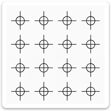 a series of layout markings spaced in an even symmetrical grid, as in camera viewfinder crosshairs. black and white high contrast, precision optics sticker