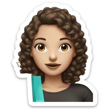 White skinned girl with dark brown curly hair and long lashes with shopping bag sticker