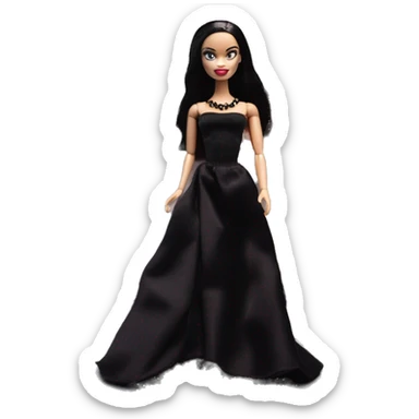 Wednesday Addams Barbie’s Food Truck.  Small very light skin face. Black eyeshadow. Earrings matching necklaces. Long silky raven hair. black flowing strapless tight evening gown neckline that’s off-the-shoulders shows her legs and black high heel arms up sticker