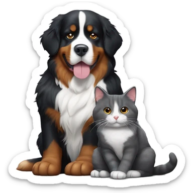A Bernese Mountain Dog lies next to a dark gray cat sticker