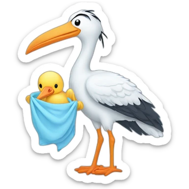 stork carrying a light blue bundle of cloth in its beak that has a human baby with dark hair and the baby face and head is peeking from the cloths bundle the strok is carrying with its beak sticker