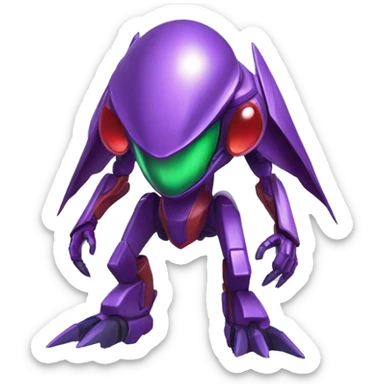 a shiny purple-green-red Genesect-Raptor-Fakémon—hybrid with a futuristic visor-helmet full body sticker