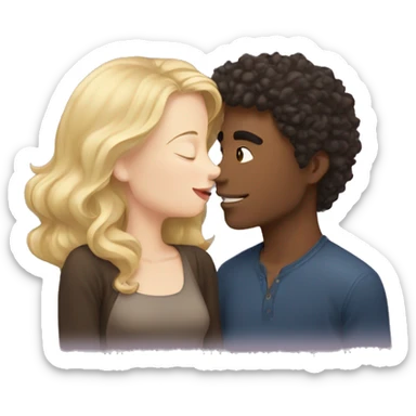 A blonde girl with pale skin kisses a light-skinned brown guy with dark curly hair sticker