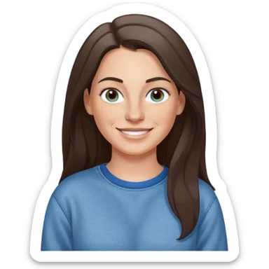 A 38 year old white woman with long dark brown hair parted in the middle. She has a nose ring. She has freckles and is wearing a sweatshirt and jeans smiling sticker