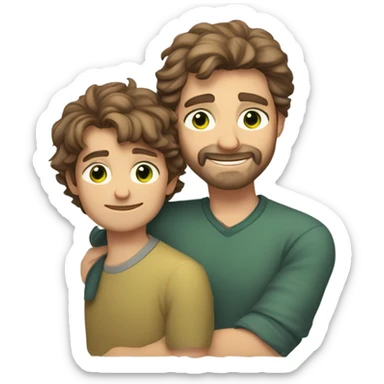 Handsome Father 40s green eyes with short full beard with Son 13s light brown eyes tousled bedhead look both has brunette hair light skin arms on shoulder portrait sticker