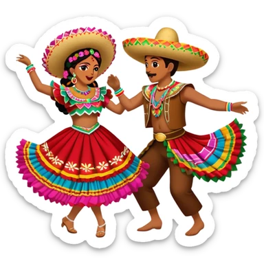 Cinematic Realistic scene of two performers dancing the Jarabe Tapatío, dressed in colorful traditional Mexican costumes with intricate embroidery, captured in energetic, festive motion with vibrant, celebratory lighting sticker