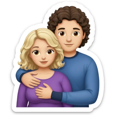 flirty couple hugging. The man dark brown brushed hair. The woman is chubby and has shoulder-length blond curls sticker