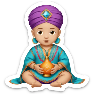  baby, dressed in colorful ghalibiya with delicate decorations, and a traditional Moroccan terbuka sticker
