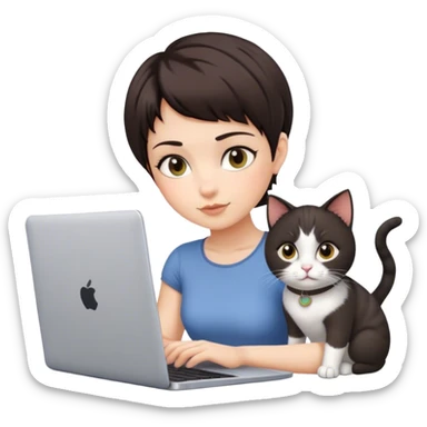 Girl with pixie cat dark haired working on laptop sticker