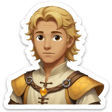 Medieval summer outfit worn by a DnD themed fantasy male character. Character has honey blonde hair swept back from the temples, reaching the nape of the neck with natural waves throughout. sticker
