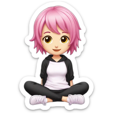 Full body Front view curvy emo girl pink hair sits on the floor straight view hands up black skirt белые трусики полосатые рваные чулки sticker