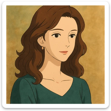 tasteful portrait of a brunette woman, soft lighting, elegant expression, color illustration, ghibli style sticker