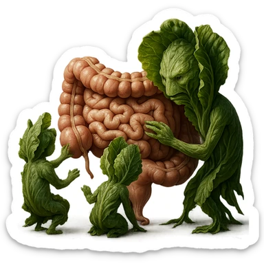 Ultra-realistic 4K illustration: stylized lettuce leaves depicted as plant-like creatures interacting with a human anatomical model of the intestine. The scene is surreal and scientific, with organic textures, refined biological details, dramatic lighting, and a bio-fantasy photorealistic style sticker