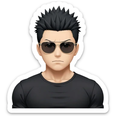 Satoru Gojo from Jujutsu Kaisen with spiky black hair, wearing form-fitting black t-shirt showing muscular build, confident expression, sunglasses on top of head sticker