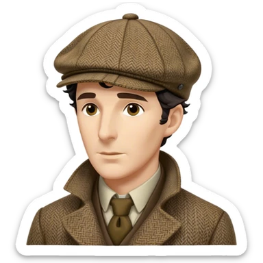 sherlock holmes, wearing a deerstalker hat with the fabric is often tweed, which features a subtle checkered or herringbone pattern with darker and lighter threads woven together, creating texture and depth.  sticker