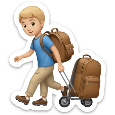 Special needs kid with a rolling backpack. The backpack has wheels and is being rolled behind the kid. The kid is pulling the backpack with his hand Like a suitcase. The backpack is rolling across the floor sticker
