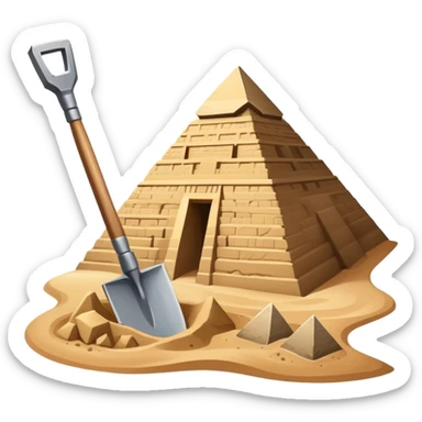 An icon showing archaeological tools like a trowel, brush, and pickaxe placed on sandy ground, with an Egyptian pyramid in the background. The design symbolizes excavation and discovery of ancient history, blending tools and iconic landmarks. Transparent background. sticker