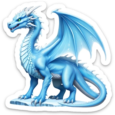Cinematic Noble beautiful  Ice Dragon full body Emoji, Poised and imposing, distinct long elegant snout, with a slender, scaled body shimmering in glacial hues of icy blue, frostbitten silver, and crystalline white, breathing out frost, with piercing, glowing eyes that radiate the chilling depths of an arctic storm; rendered in detail. displaying its wings sticker