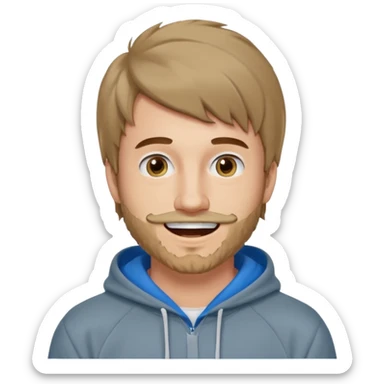 25 year old man, short scruffy beard and thin moustache, brown puffy mullet, blue eyes, big smile, white teeth, big lips, pronounced jaw, hair longer in back, sticking up on top, thin face, grey hooded sweatshirt sticker