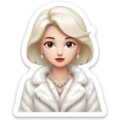 * Character: A stylish lady
* ﻿﻿Clothing: A luxurious white fur coat
* ﻿﻿Accessories: A dazzling diamond necklace
* ﻿﻿Expression: Confident, elegant, maybe slightly glamorous
* ﻿﻿Pose: Head slightly tilted or a poised posture
* ﻿﻿Style: Emoji-like, simple but expressive sticker