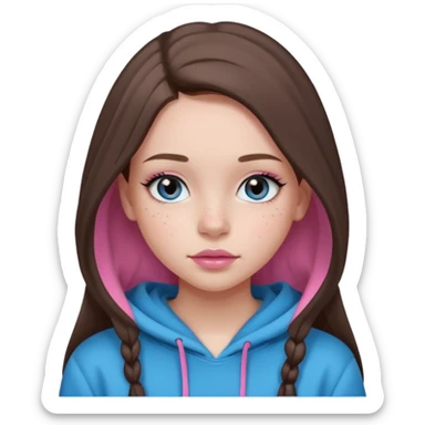 Create a TEENAGE girl with LONG and straight light brunette hair with a middle part, light skin, light freckles, and blue-gray eyes. She will have pink lips and LONG eyelashes. She will be wearing a black hoodie sticker