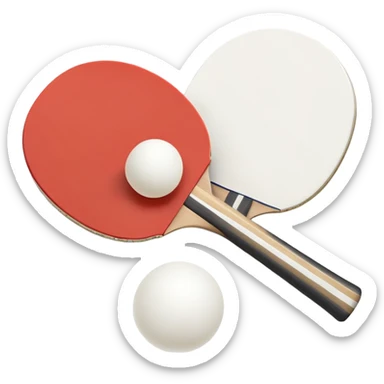 Two table tennis paddles crossed over a ping pong ball, placed on a smooth, reflective table. The background suggests a clean, minimalist playing surface, capturing the precision and fast-paced nature of the sport. sticker