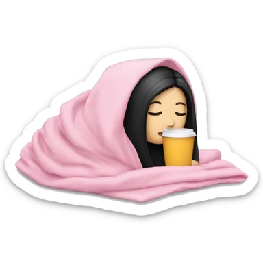 white girl with black straight hair inside a pink blanket sipping coffee eyes closed sticker