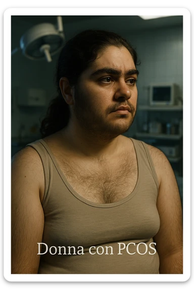 vertical realistic cinematic image of a woman with PCOS, excess hair everywhere, clinical atmosphere, dramatic lighting, Italian captions, aspect ratio 2:3 sticker