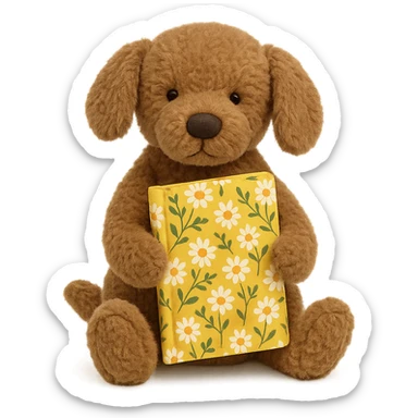 Jellycat style brown golden retriever puppy holding a yellow floral journal  sticker