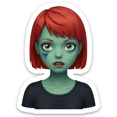 Zombie girl emoji with short red hair and bangs. Blue eyes, green skin, and a black top. sticker