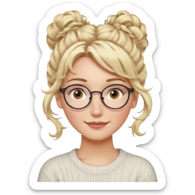 blonde hazel eyes woman with a white cable knit sweater and clear glasses on her head and a curly messy bun with tendrils of hair flowing down her face and she is happy pale, some freckles, blush. she has a cateye wing and long lashes sticker