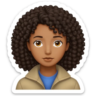 This is a cartoon-style avatar of a person with dark curly hair, brown skin, and a calm expression sticker