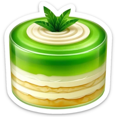 Coconut Pandan Jelly Cinematic Realistic Coconut Pandan Jelly Dessert Emoji, depicted as a layered jelly with distinct strata of coconut and pandan flavors, rendered with delicate textures and vibrant, tropical lighting. sticker