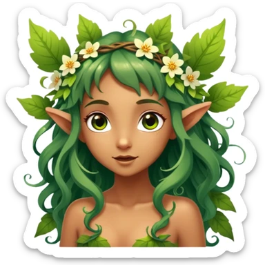 Cinematic Realistic Forest Nymph Fairy Portrait, head tilted playfully and inquisitively, showcasing a nature-inspired form with intricately detailed, sunlit tanned skin and cascading hair interlaced with leaves and blossoms. Her bright, curious eyes sparkle with forest mischief, rendered with lifelike clarity and warm, dappled lighting that captures the spirit of an enchanting woodland fairy ready to dance among the trees. sticker