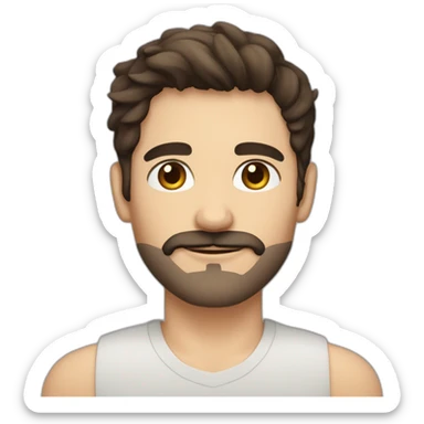 A young Caucasian man with dark brown, almond-shaped eyes, short dark brown hair, and a small dark brown beard with a more prominent mustache. sticker