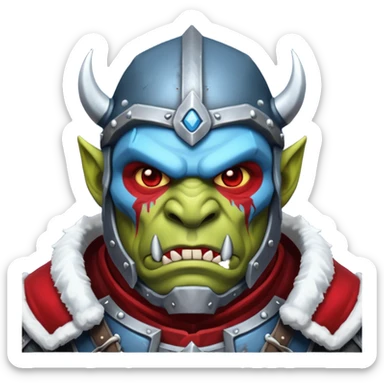 Fantasy Christmas orc legion soldier icon, iron tundra army theme, heavy winter armor, disciplined brutal look, dark icy steel armor with bold crimson cloth and markings, cold blue shadows, high contrast, clean emoji portrait style
 sticker