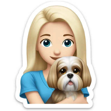 White blond girl with long hair and blue eyes petting a shih tzu dog sticker