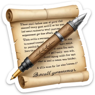 a quill pen writing on a scroll with crossed-out words and mistakes, representing bad grammar and writing sticker