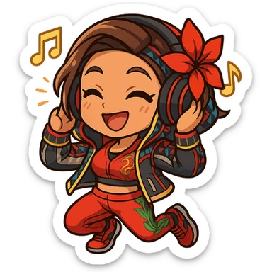 Azucena from Tekken 8 in chibi sticker style, with headphones, jamming to music, wearing the detailed red and patterned outfit from the reference images, designed for Twitch emote use. sticker