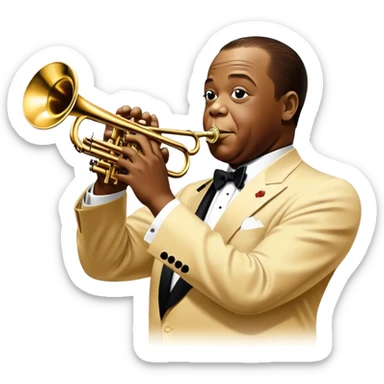 Icon for Jazz Music: collage of Louis Armstrong with his trumpet and Glenn Miller with his orchestra. Silhouettes of musicians, brass instruments, and musical notes. The design should convey the classic, smooth vibe of jazz. Transparent background. sticker