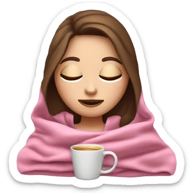 white girl with brunet hair inside a pink blanket sipping coffee eyes closed sticker