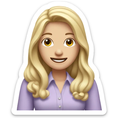 Woman, white skin, pale skin, long hair, blonde hair, wavy hair, lavender shirt, two thumbs up sticker