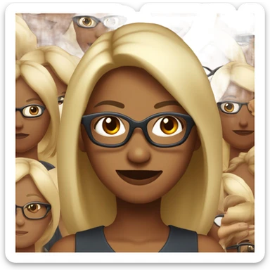 femme avec des cheveux lisse chatain clair, des yeux bleu avec des lunettes noires, un grand sourire et du rouge à lèvre rouge
 sticker