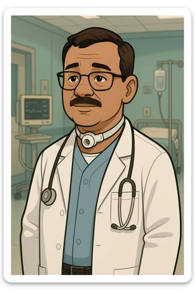 medical professional with tracheotomy tube, white coat, hospital setting, realistic cartoon style sticker