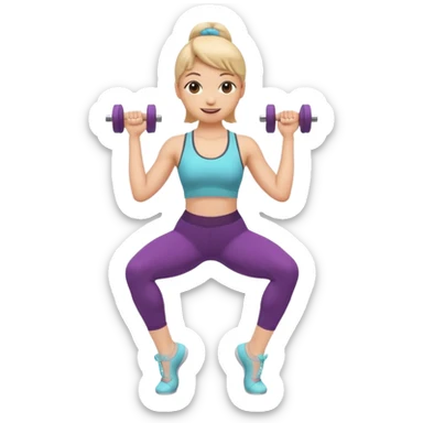 A cute 3D emoji of a fitness woman doing a plié squat at a ballet barre, holding a small dumbbell. She is sweating but smiling. Wearing leggings and a tank top. Soft pastel background, Apple emoji style. sticker