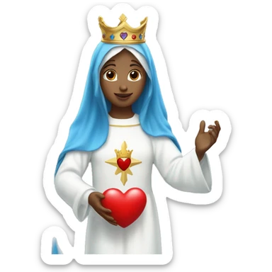 blessed virgin mary with a crown, with blue veil, with white clothes, with white skin, holding a red heart in her hands sticker