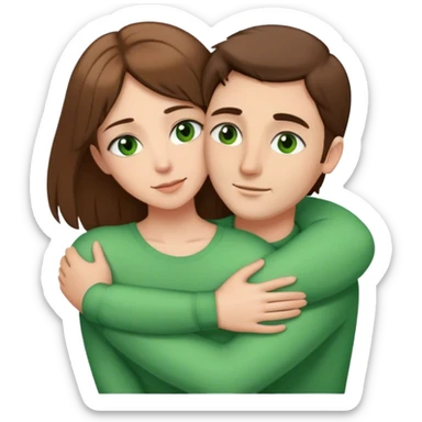 white couple with brown hair, man has short hair and brown eyes. woman has long hair and green eyes .they’re hugging each other . man has brown eyes sticker